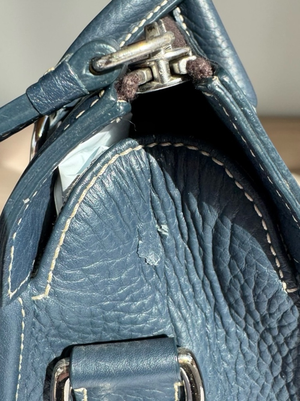 Dooney & Bourke Navy Blue Pebbled Leather Double Pocket Satchel - Picture 9 of 10